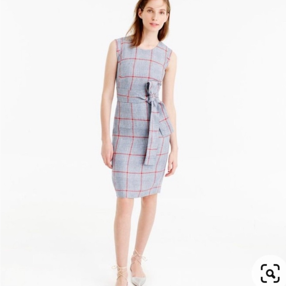 J Crew Red White Blue Houndstooth Plaid Lined Linen Sheath Dress Size 10